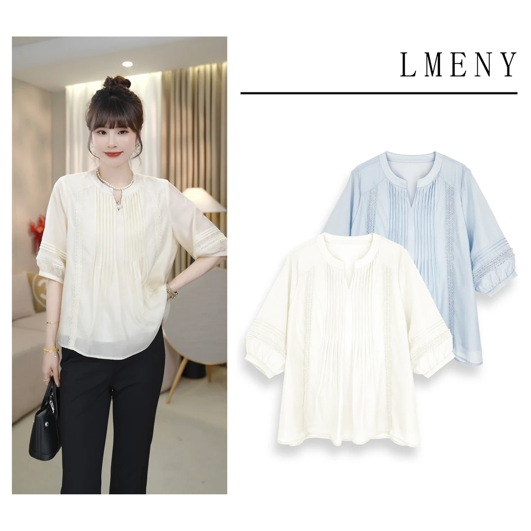 LMENY夏风波褶~醋酸圆领拼花边灯笼袖显瘦小衫25AC014