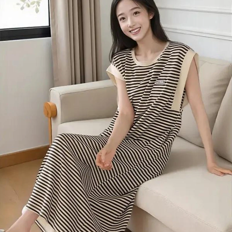 夏季带胸垫睡衣女新款背心裙条纹印花大码可外穿女士家居睡裙薄款