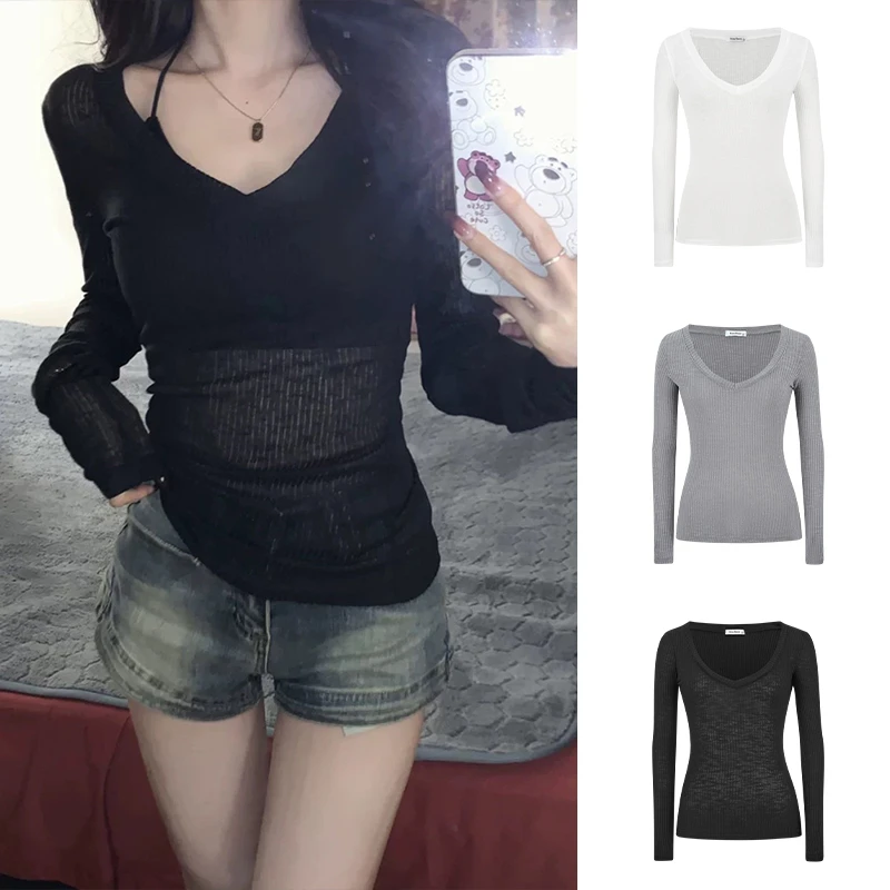 Moses Queen/魔西女王黑色V领微透长袖罩衫女修身显瘦空调防晒衫