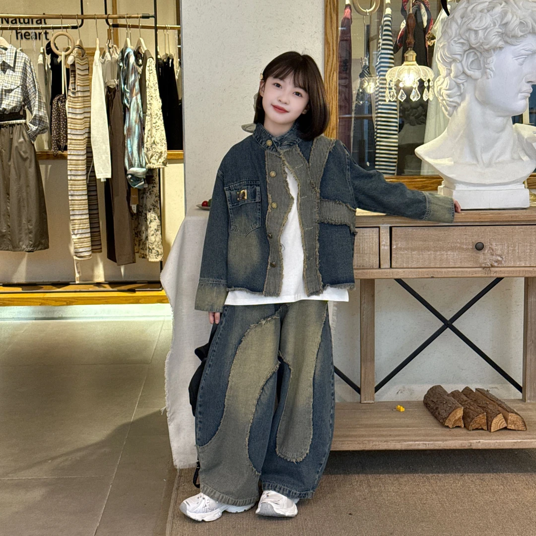 2025年春秋新品中古风男女童毛边牛仔外套弯刀裤套装中大童阔腿裤