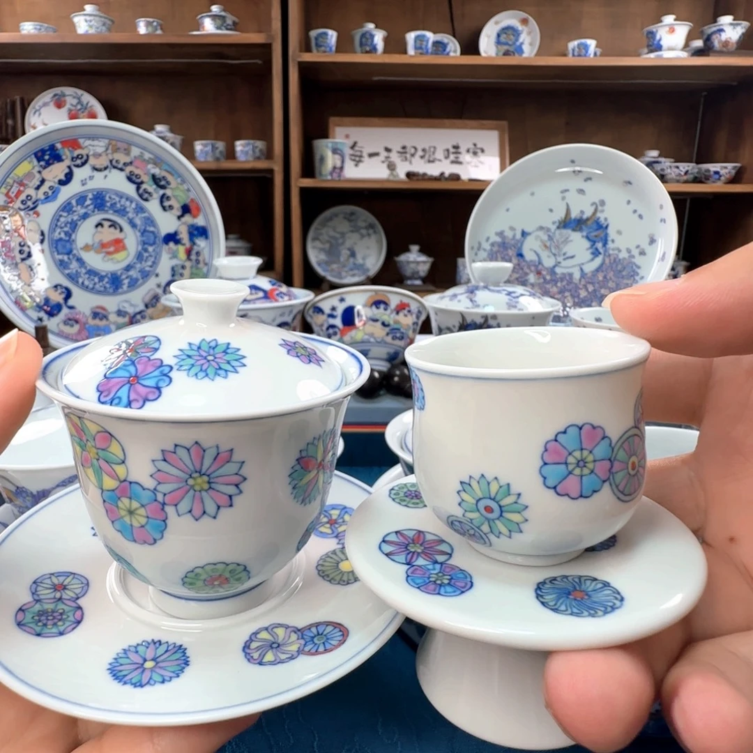 景德镇手绘青花斗彩皮球花套装