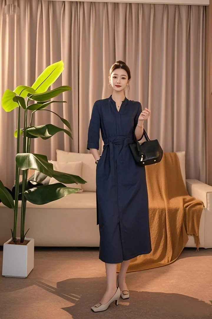 2025新款夏季简单大方显瘦亚麻连衣裙女2521