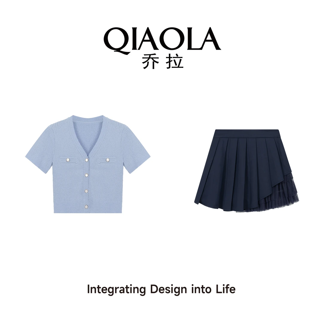 QIAOLA/乔拉【星空童话】夏季圈圈纱V领百褶网纱学院风减龄时尚套装