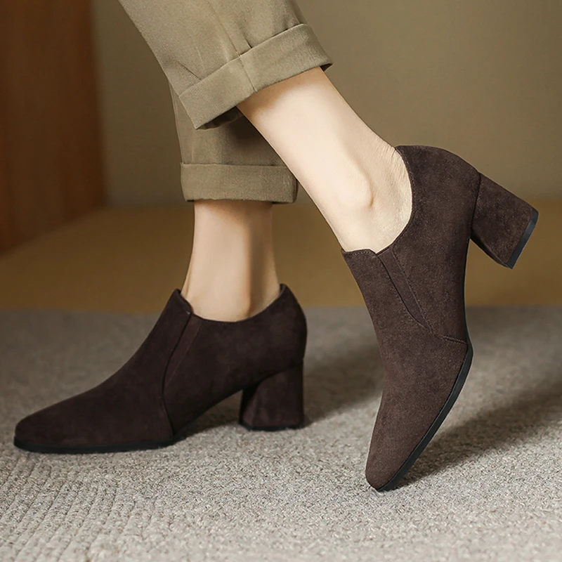 羊皮断码清仓尖头磨砂粗跟单鞋女高跟鞋软皮气质深口英伦法式皮鞋