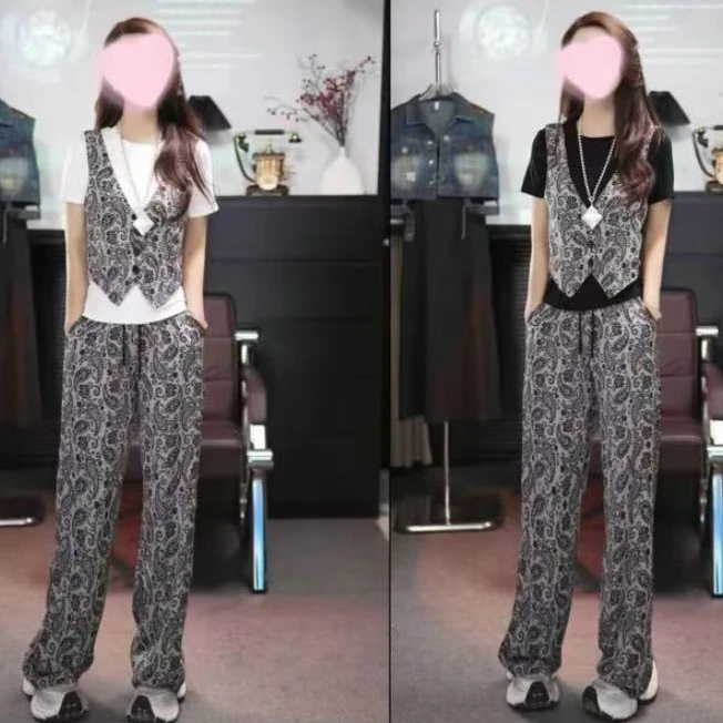 复古国潮风格V领马甲假两件2025夏款设计感短袖+裤子套装