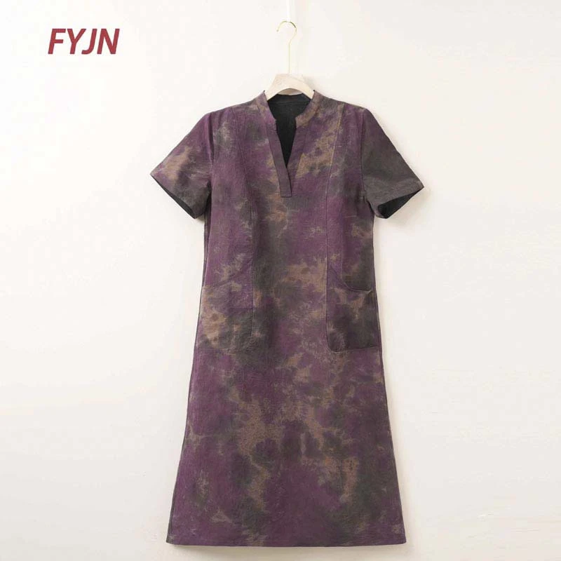 夏季扎染彩龟桑蚕丝香云纱连衣裙23092