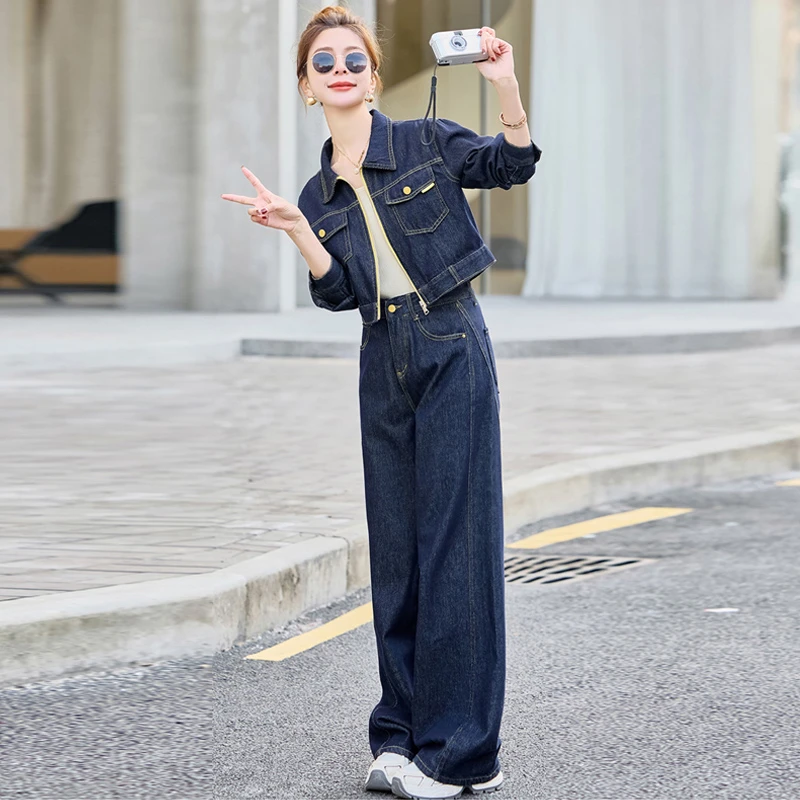 港风牛仔套装女2025秋季新款高级感超火休闲洋气减龄阔腿裤两件套