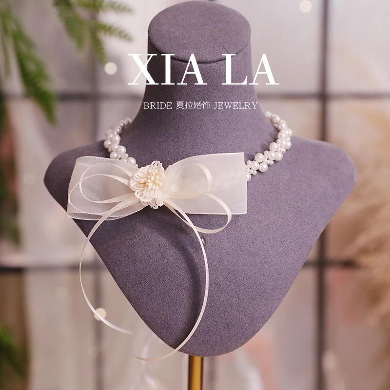夏拉新款串珠新娘蝴蝶结头饰项链两用结婚造型饰品