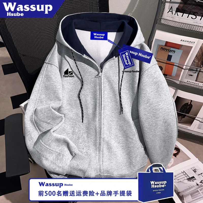 WASSUP HSUBE英文ins印花开衫卫衣秋冬加绒新颖外套拉链连帽开衫