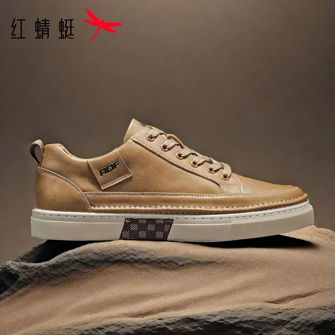 红蜻蜓男鞋春秋新款圆头耐磨男士休闲板鞋潮流百搭厚底增高皮鞋男