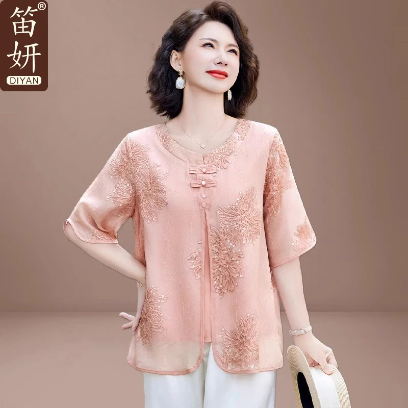 妈妈雪纺小衫洋气2025新款中老年女夏装套装贵夫人品牌上衣新中式
