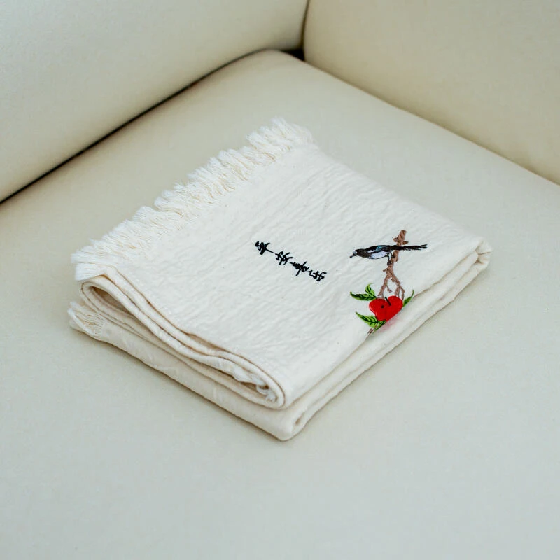 【京会社】罗布麻流苏绣花枕巾一对装平安喜乐