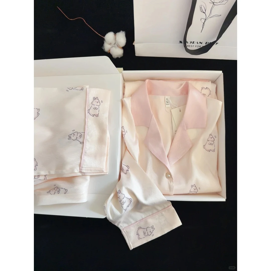 【奶萌兔子】高级感轻奢网红冰丝睡衣女春夏2025套装新款长袖家居服