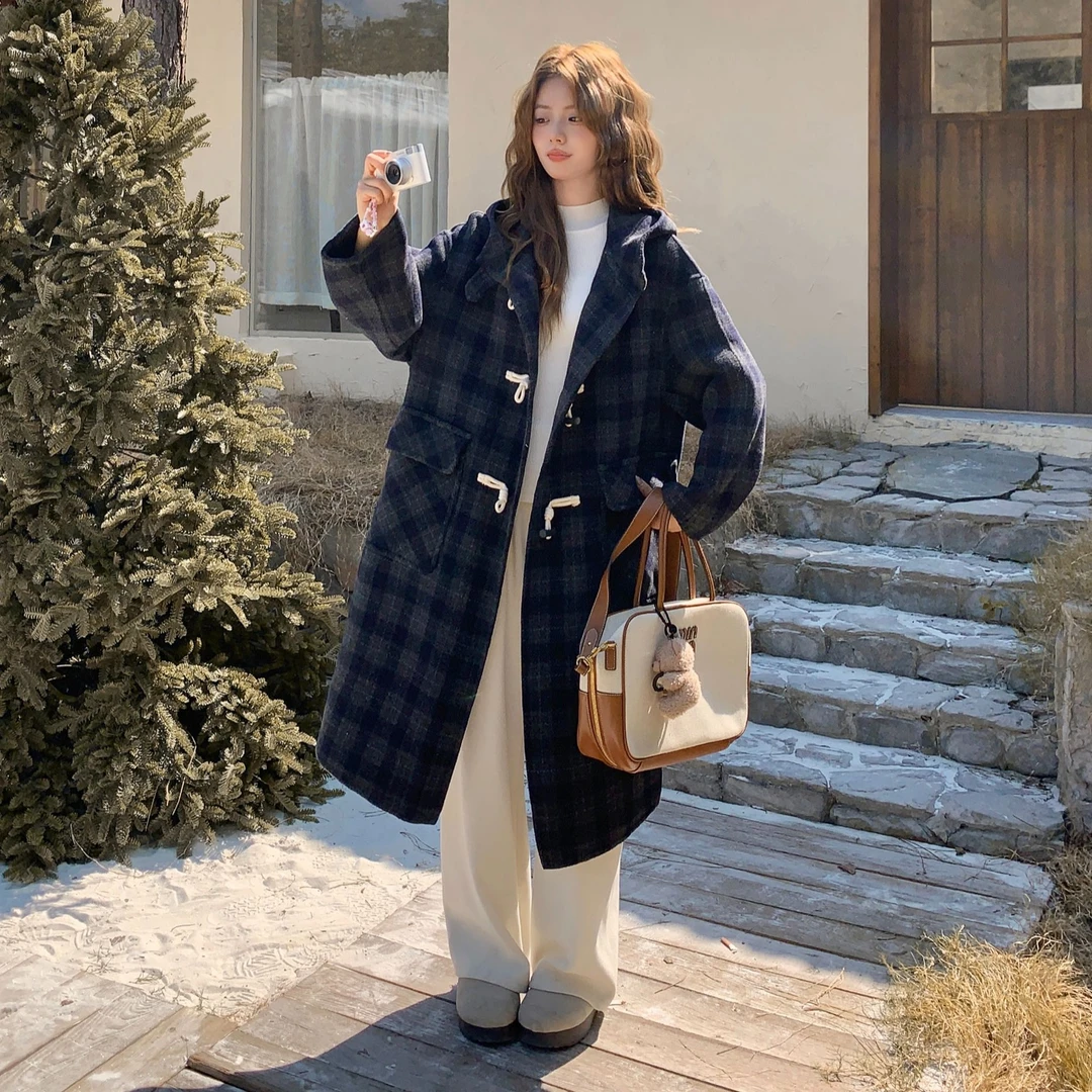 格子中长款双面毛呢大衣女2025爆款秋冬高级感小个子时尚羊绒外套