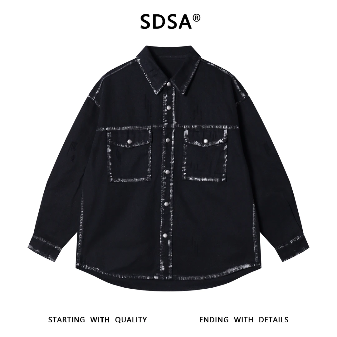 SDSA秋冬新款痞帅男装韩版磨破纽扣翻领长袖牛仔衬衫百搭时尚衬衣