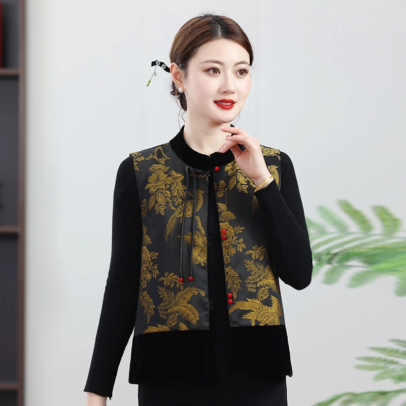 春秋款妈妈装马夹高端国潮新中式中老年马甲背心女唐装香云缎外套