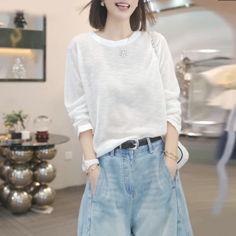 白色圆领防晒罩衫女夏日轻薄微透松弛感慵懒宽松百搭长袖T恤上衣