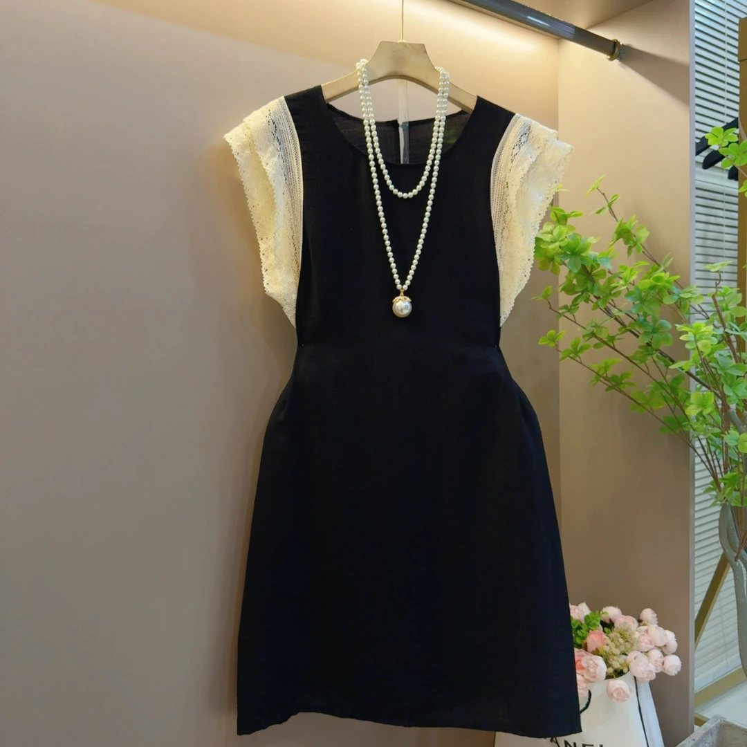 气质大码洋气夏季新款显瘦法式拼接时尚纯色连衣裙（衣长99左右）