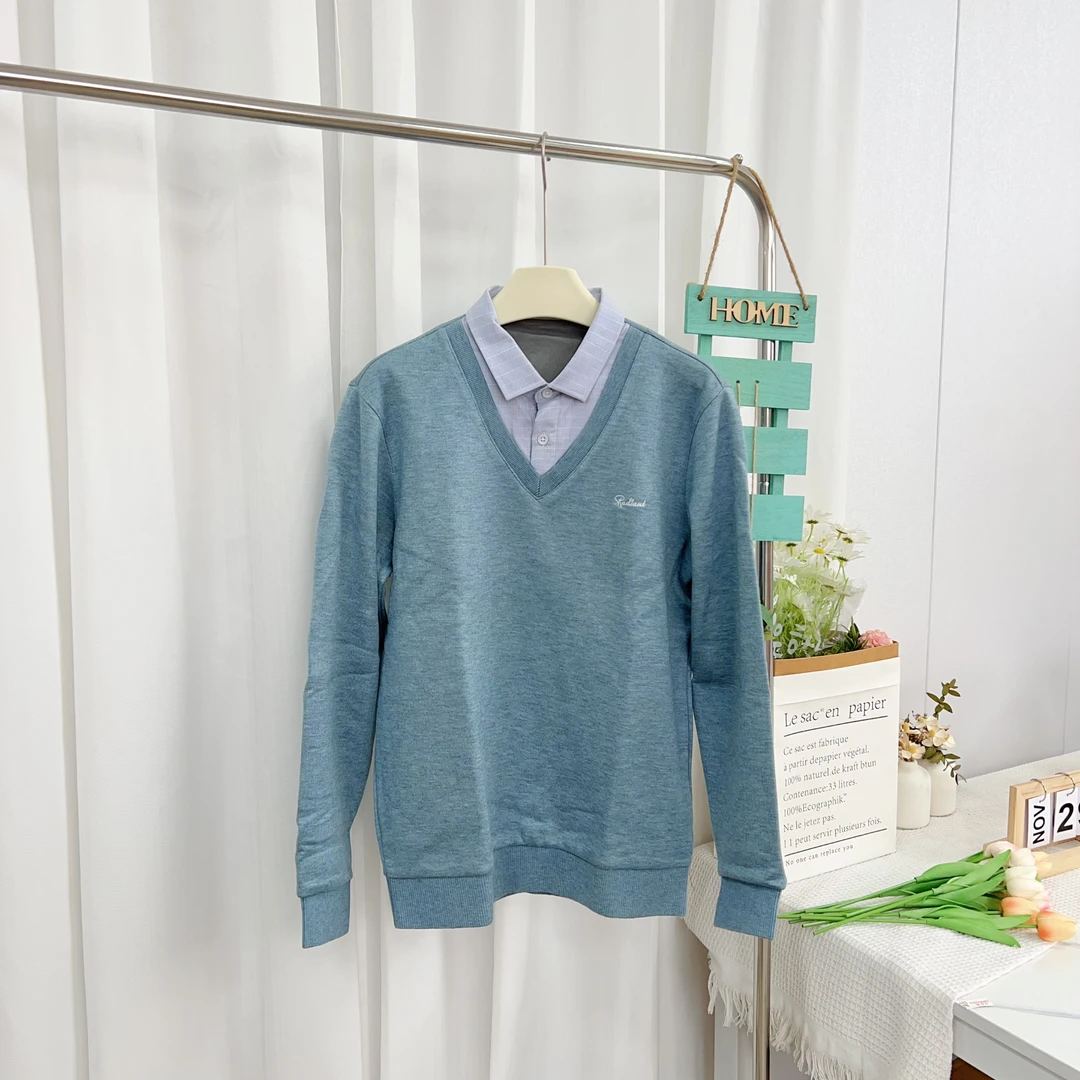 男式加绒加厚针织V领0假两件  浅蓝字母 365