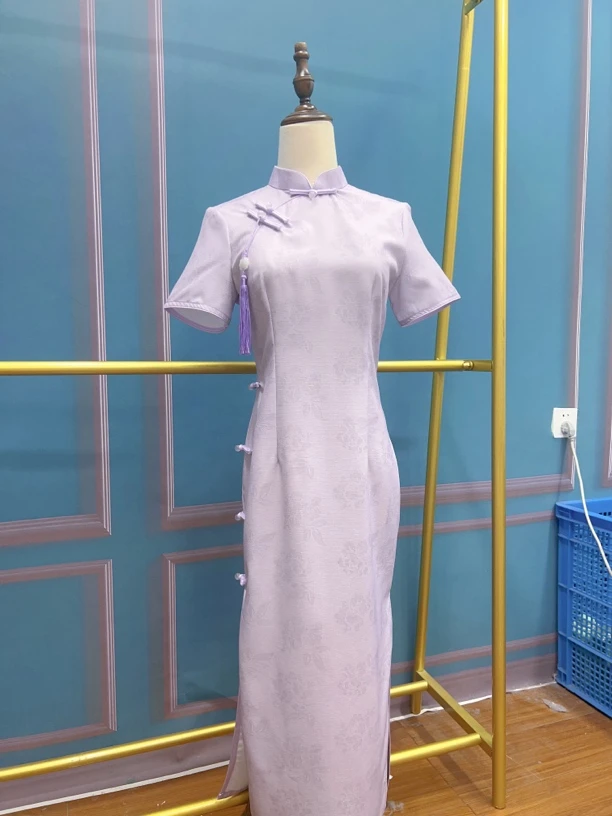 V-3011 紫玫瑰 十字嘛 新中式国风夏款年轻款改良旗袍120cm长款