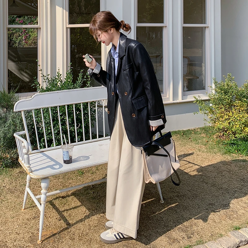 条纹拼接黑色皮衣外套女春秋2025新款西装式pu皮夹克西服爆款流行