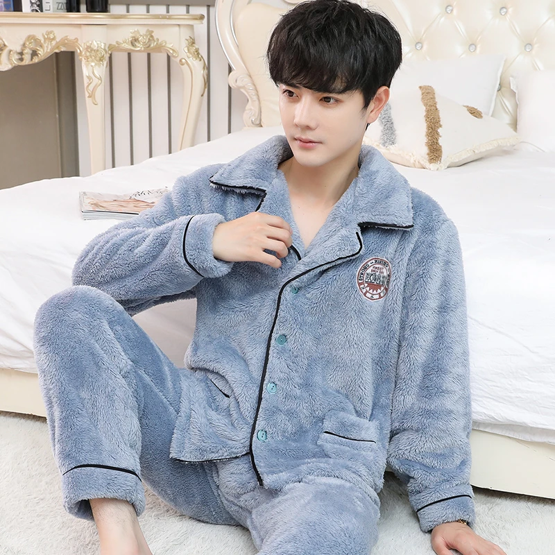 男士睡衣冬季珊瑚绒休闲简约加厚新款家居服青年男大码套装法兰绒