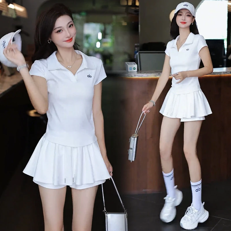运动套装女夏季新款洋气显瘦POLO领刺绣短袖T恤半身短裙两件套潮