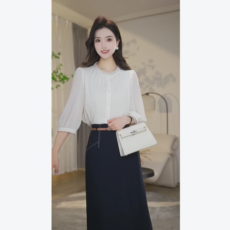 【小北甄选】流光风8592414白色夏季新款衬衫女中袖法式气质衬衣