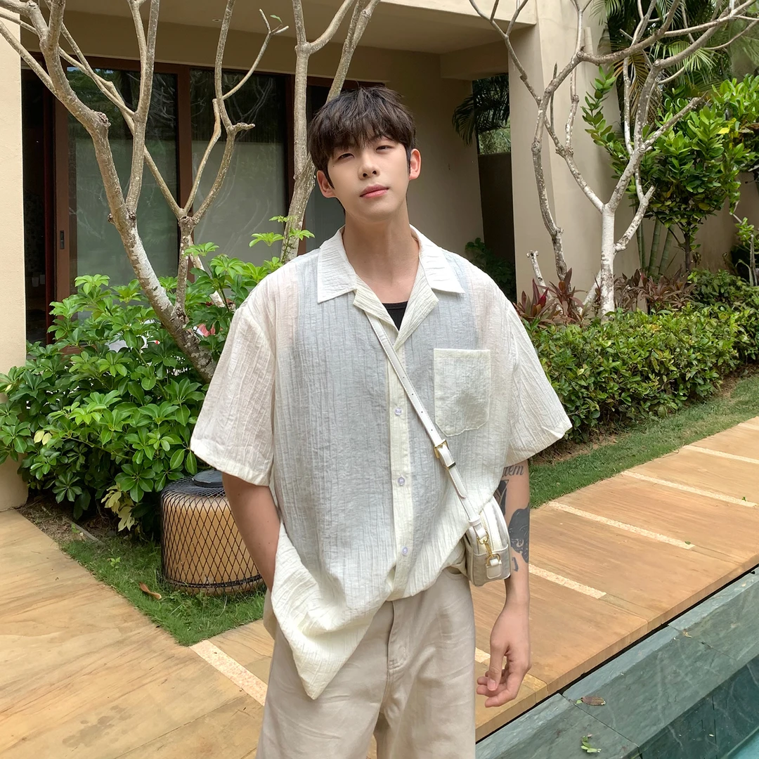 AP MMDD韩系宽松痞帅质感肌理感褶皱宽松短袖衬衫男女夏季沙滩ins