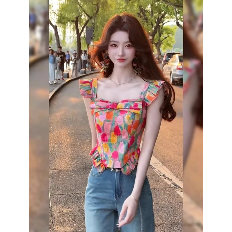 韩系油画少女感飞飞袖短款t恤女夏季设计感小众别致碎花短款上衣