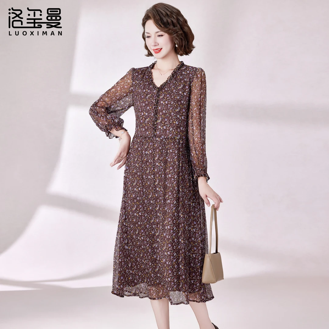 洛玺曼真丝碎花连衣裙轻奢高级感2025新款显瘦桑蚕丝女士裙子春季