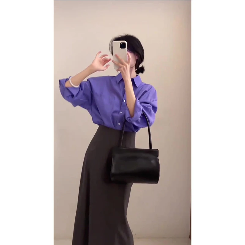 早春2025新款韩系超好看轻熟风气质紫色长袖衬衫女半身裙两件套装