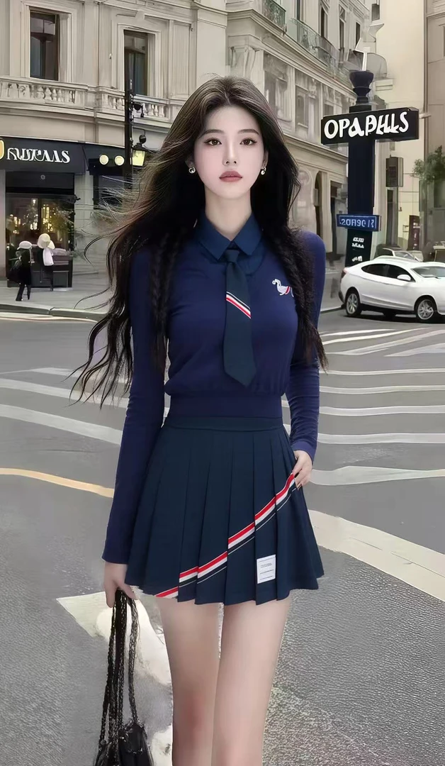 秋季新款小众时尚学院风深蓝色修身上衣+高腰百褶半身裙女两件套