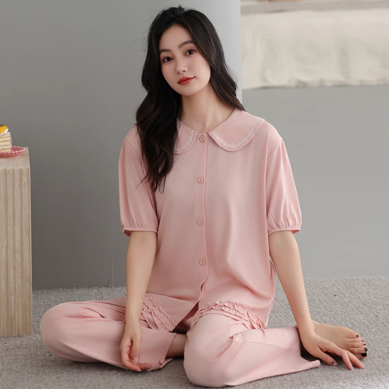 睡衣女款爆款2025新款夏季短袖长裤套装春秋款纯棉女士家居服流行