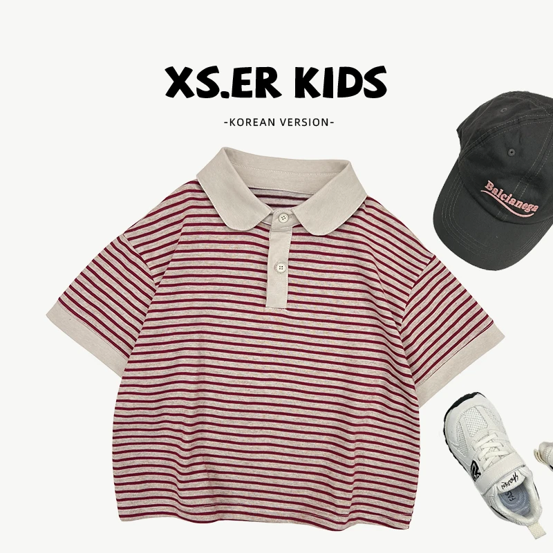 【小首尔】【波尔多红】夏款男女童撞色条纹宽松POLO领短袖T恤SJ5671