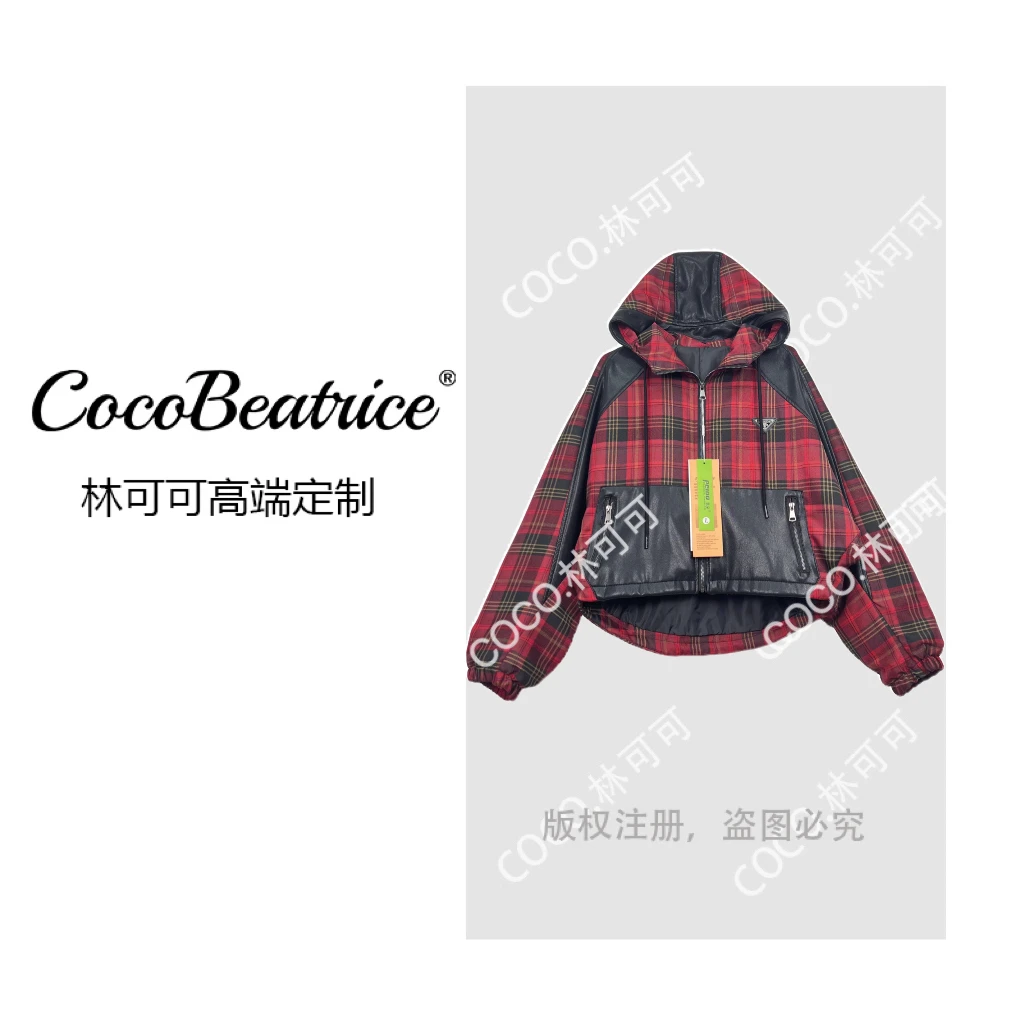 【COCO林可可】Y917小牛皮安可拉玫红格设计师连帽外套女