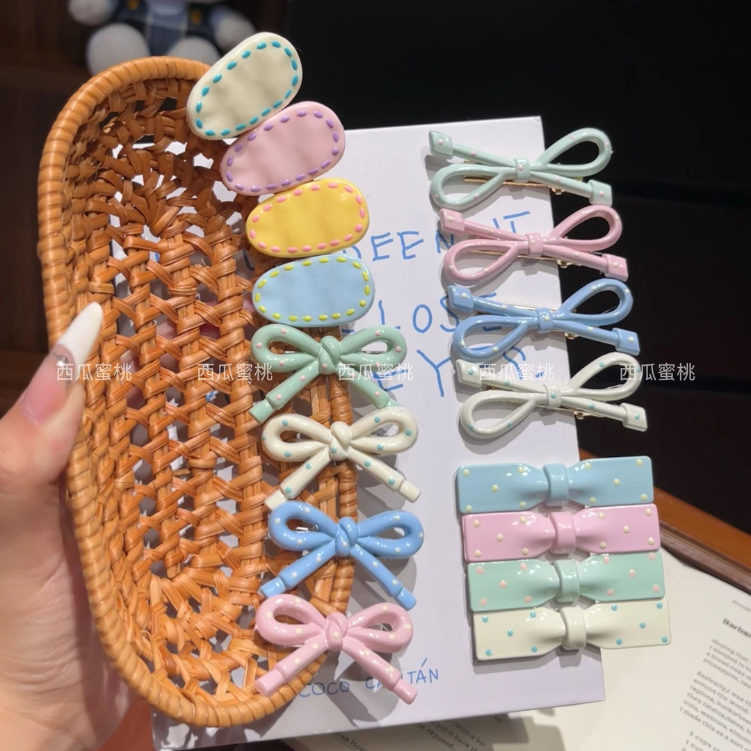 韩系简约波点粉色蝴蝶结鸭嘴夹ins秋冬简约百搭刘海边夹小众头饰