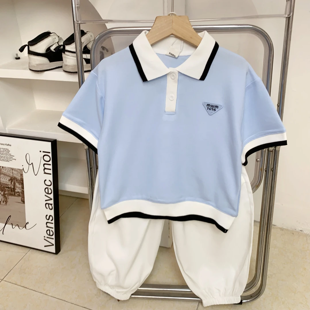 儿童夏款韩版Polo套装男童韩系简约风短袖Polo衫九分裤两件套帅气