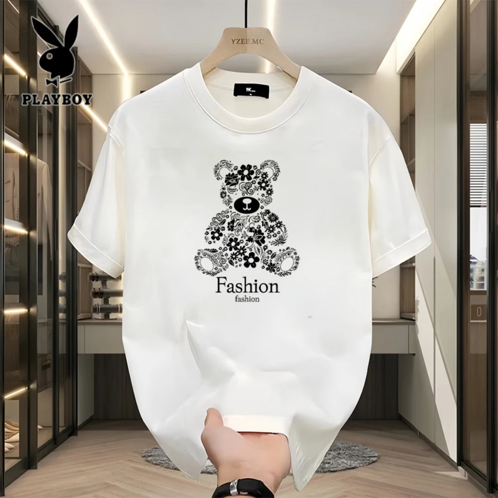 PLAYBOY/花花公子重磅宽松纯棉小熊短袖T恤男士夏季新款圆领上衣