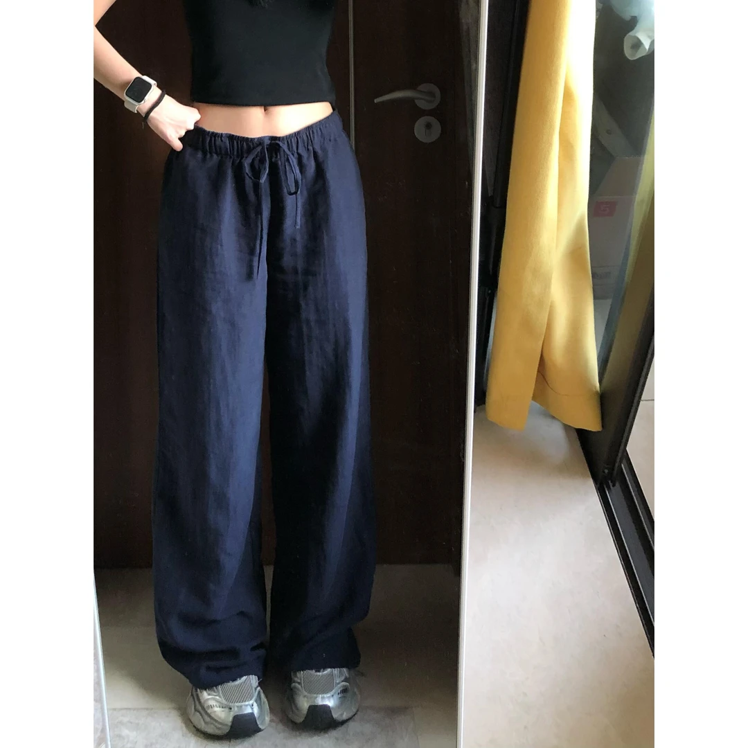 自留款推荐~韩系夏季薄款藏青色小个子棉麻宽松直筒休闲裤