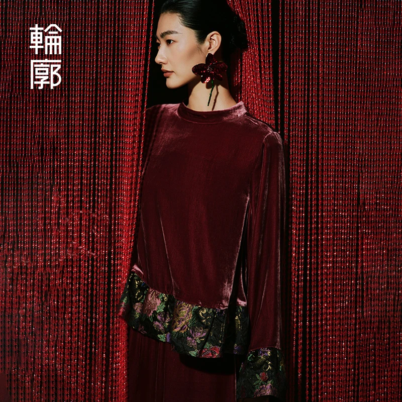 轮廓烟霞国风新中式丝绒上衣L251Y018立领拼接通勤小衫秋季女