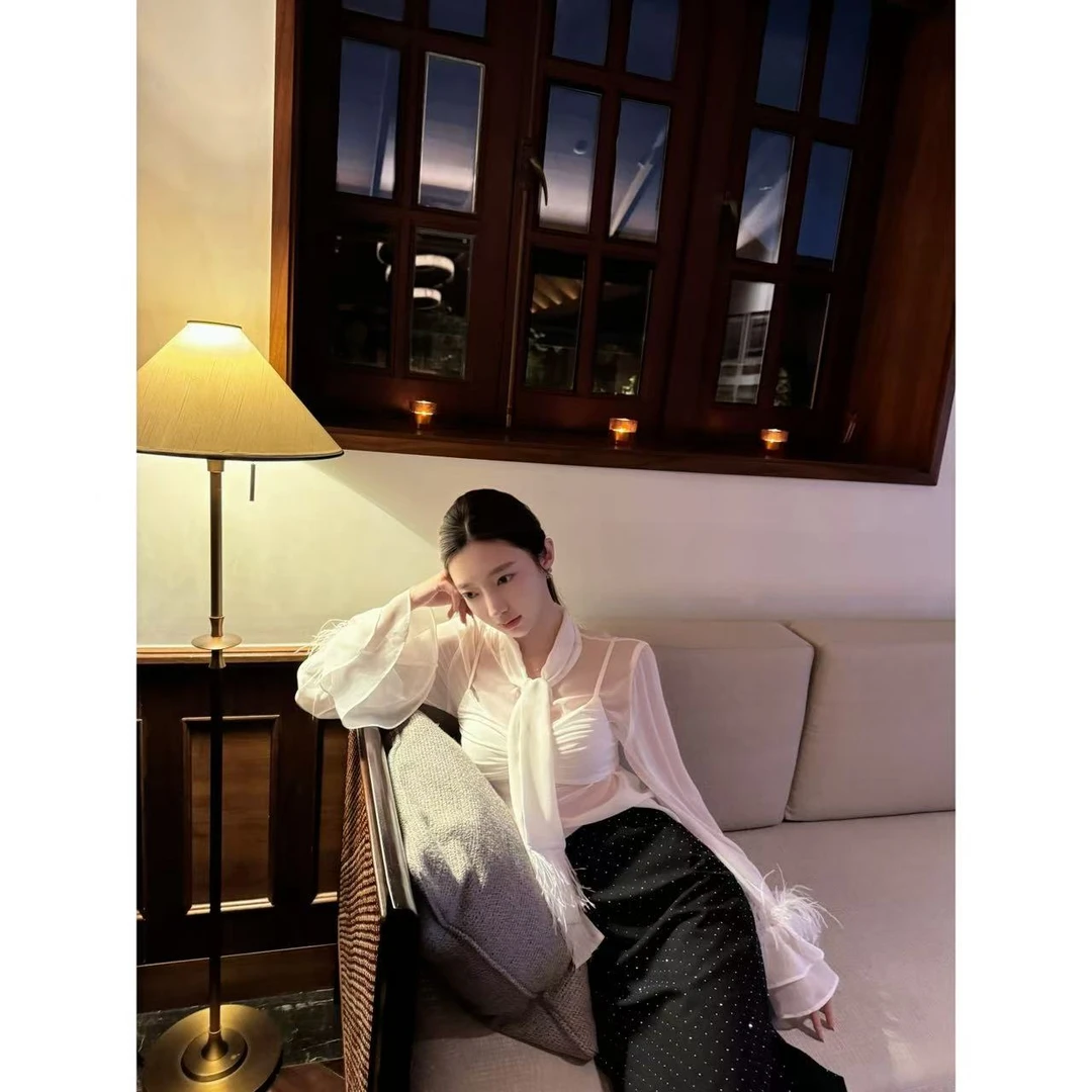 【盒子专享】星尘絮羽 薄款领口流苏系带流苏花边袖长袖衬衫