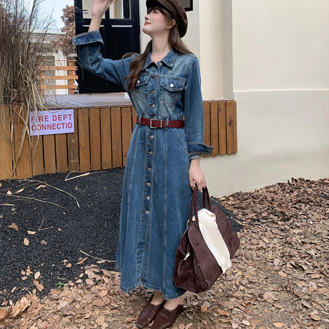 复古港风牛仔连衣裙气质翻领单排扣收腰大摆A字裙中长款显瘦高级