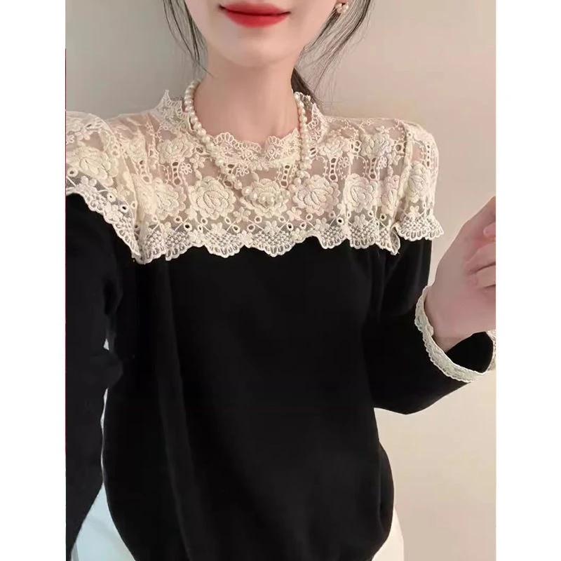 气质洋气新款蕾丝拼接勾花秋冬羊毛针织衫镂空休闲宽松黑色别致
