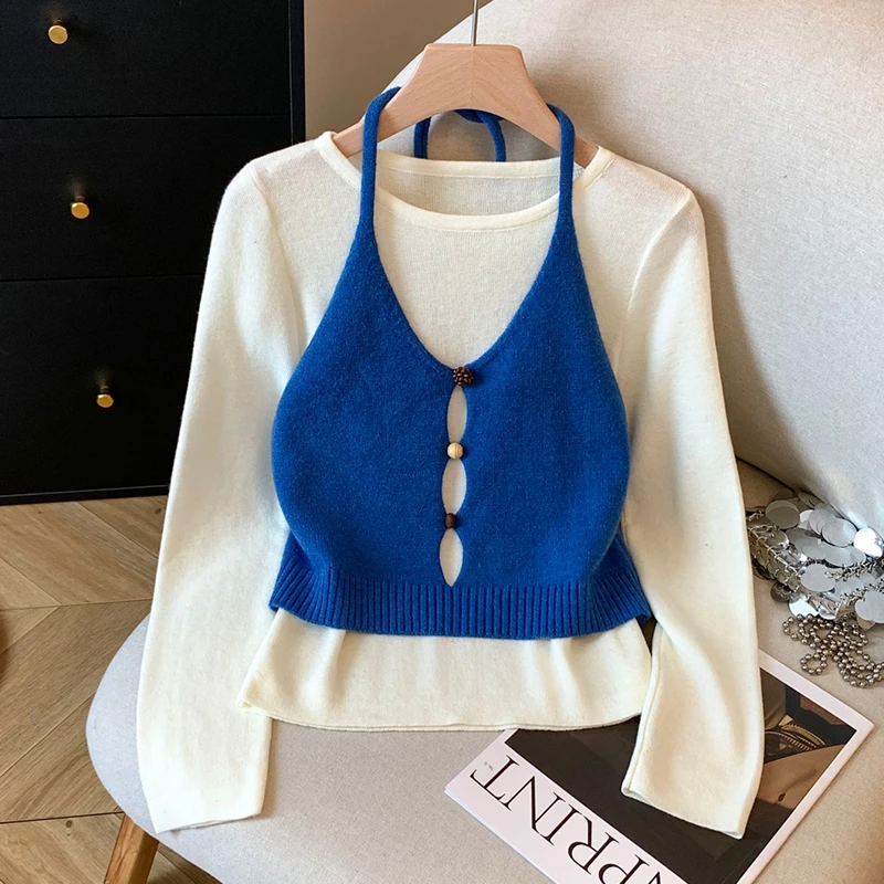 韩系穿搭甜美针织马甲背心女2025秋季新款叠穿两件套长袖T恤上衣