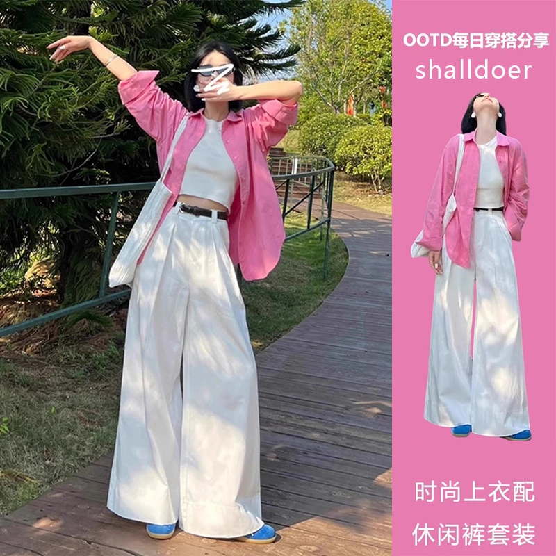 2025春秋款流行潮流简约舒适通勤设计感上衣阔腿裤两件套套装女款