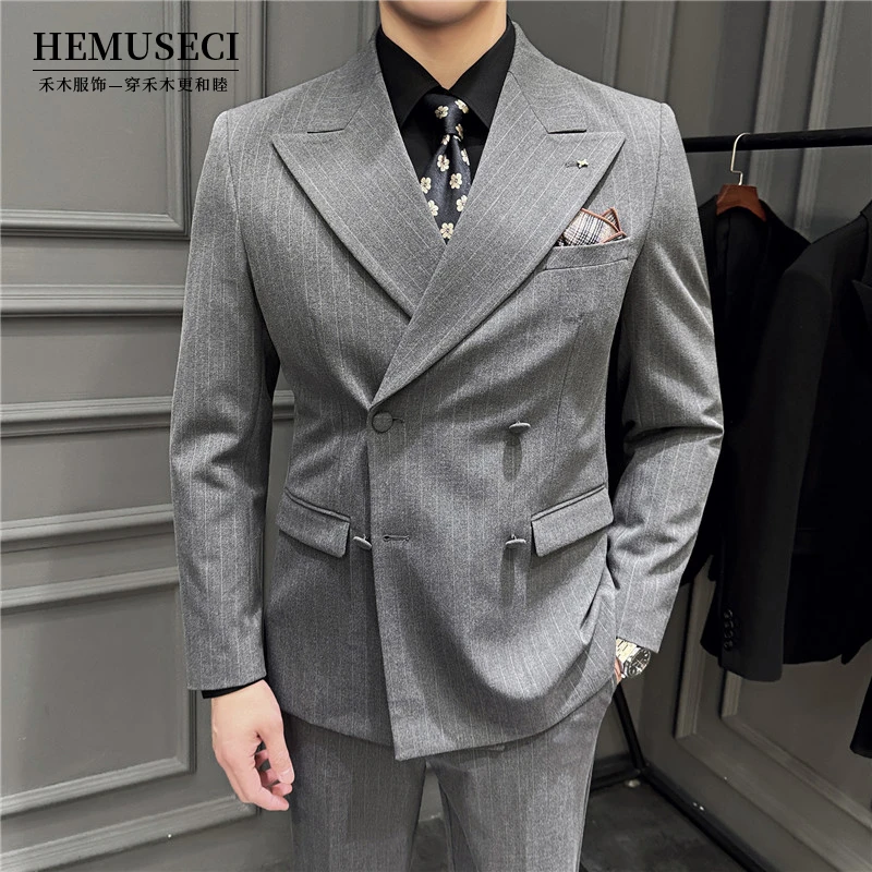 高级帅气修身职业条纹结婚休闲潮流西服套装商务礼服双排扣四季款