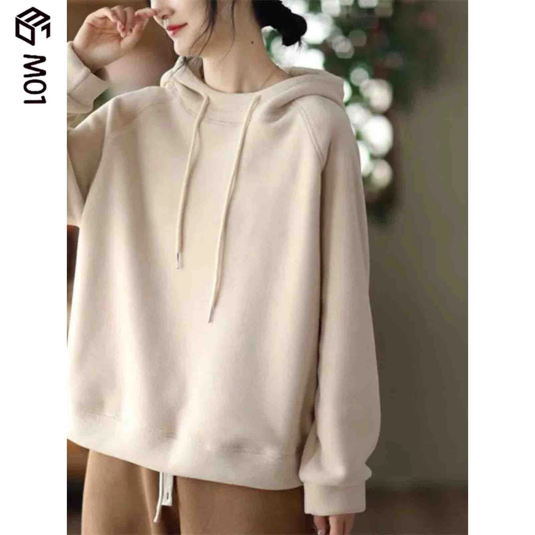 M01双面德绒秋季连帽卫衣女士大码加绒长袖上衣休闲宽松保暖绒衫