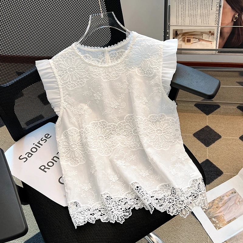 专柜撤回剪标刺绣花边蕾丝衬衫女夏季新款小飞袖洋气百搭减龄上衣