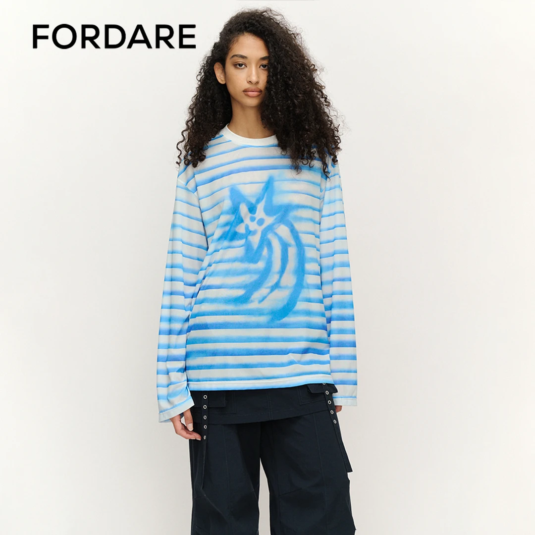 FORDARE福蝶 25春季新款 手绘条纹蓝色流星罩衫长袖宽松百搭1309